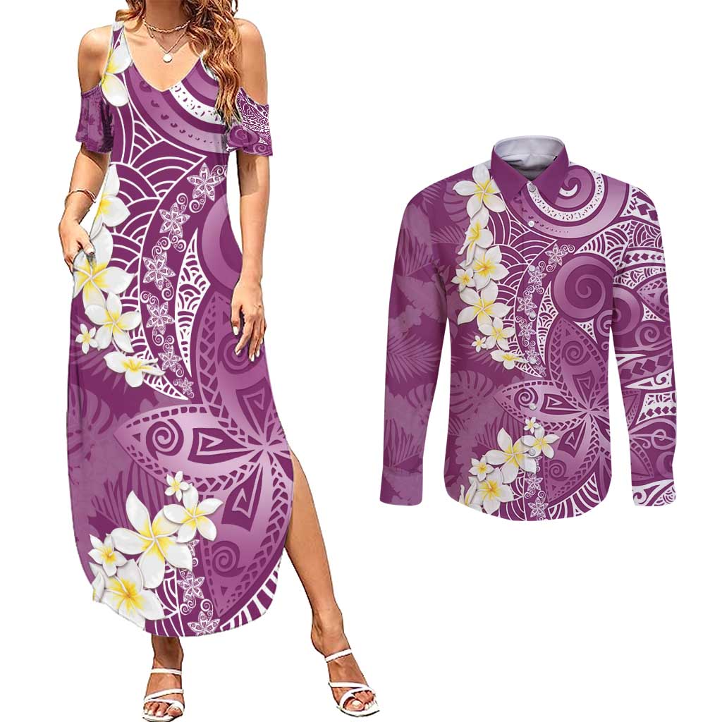 Pink Polynesian Tribal Frangipani Tropical Vibe Couples Matching Summer Maxi Dress and Long Sleeve Button Shirt