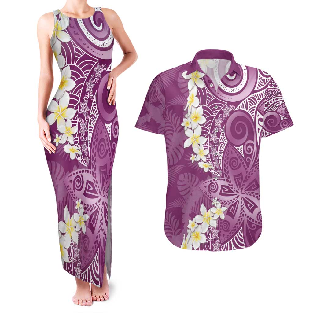 Pink Polynesian Tribal Frangipani Tropical Vibe Couples Matching Tank Maxi Dress and Hawaiian Shirt