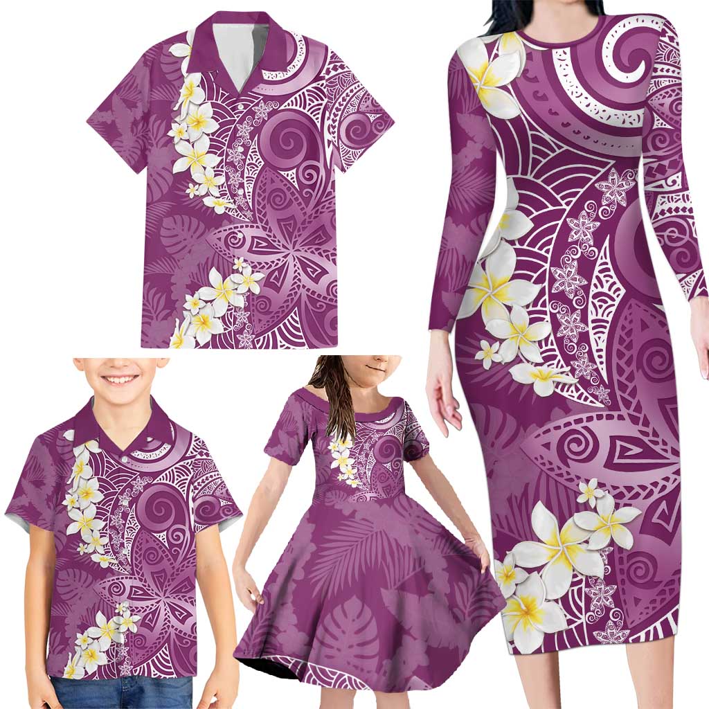 Pink Polynesian Tribal Frangipani Tropical Vibe Family Matching Long Sleeve Bodycon Dress and Hawaiian Shirt LT14 - Polynesian Pride