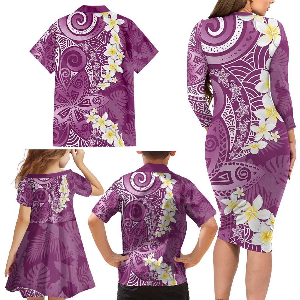 Pink Polynesian Tribal Frangipani Tropical Vibe Family Matching Long Sleeve Bodycon Dress and Hawaiian Shirt LT14 - Polynesian Pride