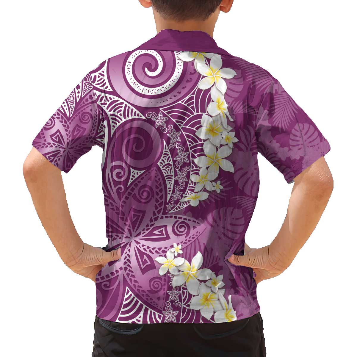 Pink Polynesian Tribal Frangipani Tropical Vibe Family Matching Off The Shoulder Long Sleeve Dress and Hawaiian Shirt LT14 - Polynesian Pride