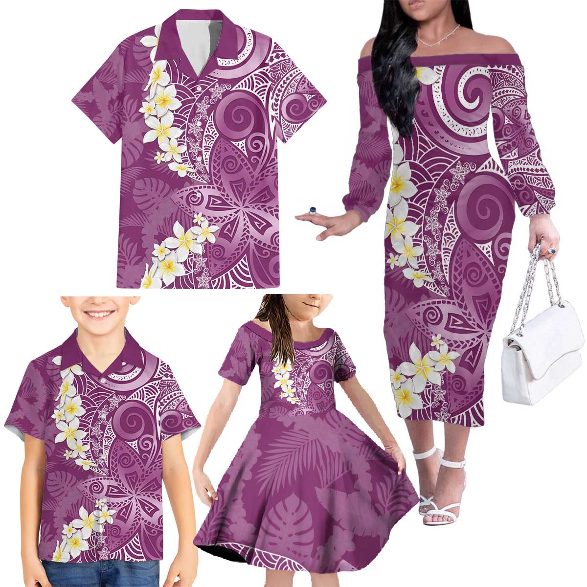 Pink Polynesian Tribal Frangipani Tropical Vibe Family Matching Off The Shoulder Long Sleeve Dress and Hawaiian Shirt LT14 - Polynesian Pride