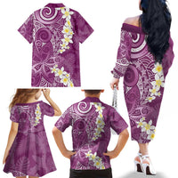 Pink Polynesian Tribal Frangipani Tropical Vibe Family Matching Off The Shoulder Long Sleeve Dress and Hawaiian Shirt LT14 - Polynesian Pride
