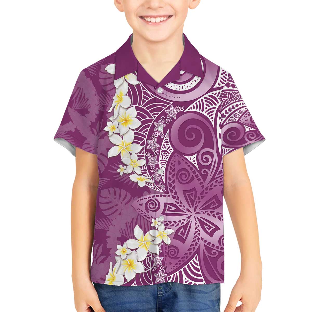 Pink Polynesian Tribal Frangipani Tropical Vibe Family Matching Off The Shoulder Long Sleeve Dress and Hawaiian Shirt LT14 Son's Shirt Pink - Polynesian Pride