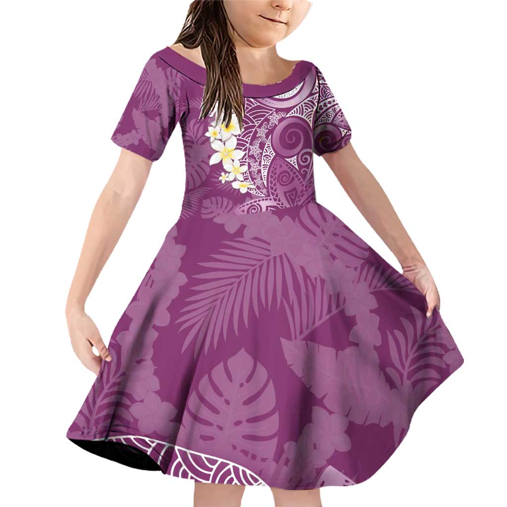 Pink Polynesian Tribal Frangipani Tropical Vibe Family Matching Off Shoulder Short Dress and Hawaiian Shirt LT14 Daughter's Dress Pink - Polynesian Pride