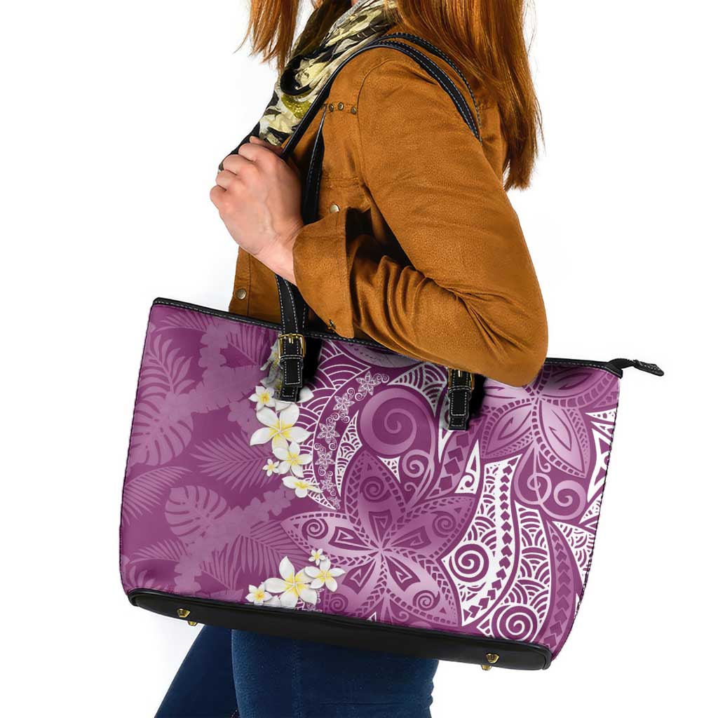 Pink Polynesian Tribal Frangipani Tropical Vibe Leather Tote Bag