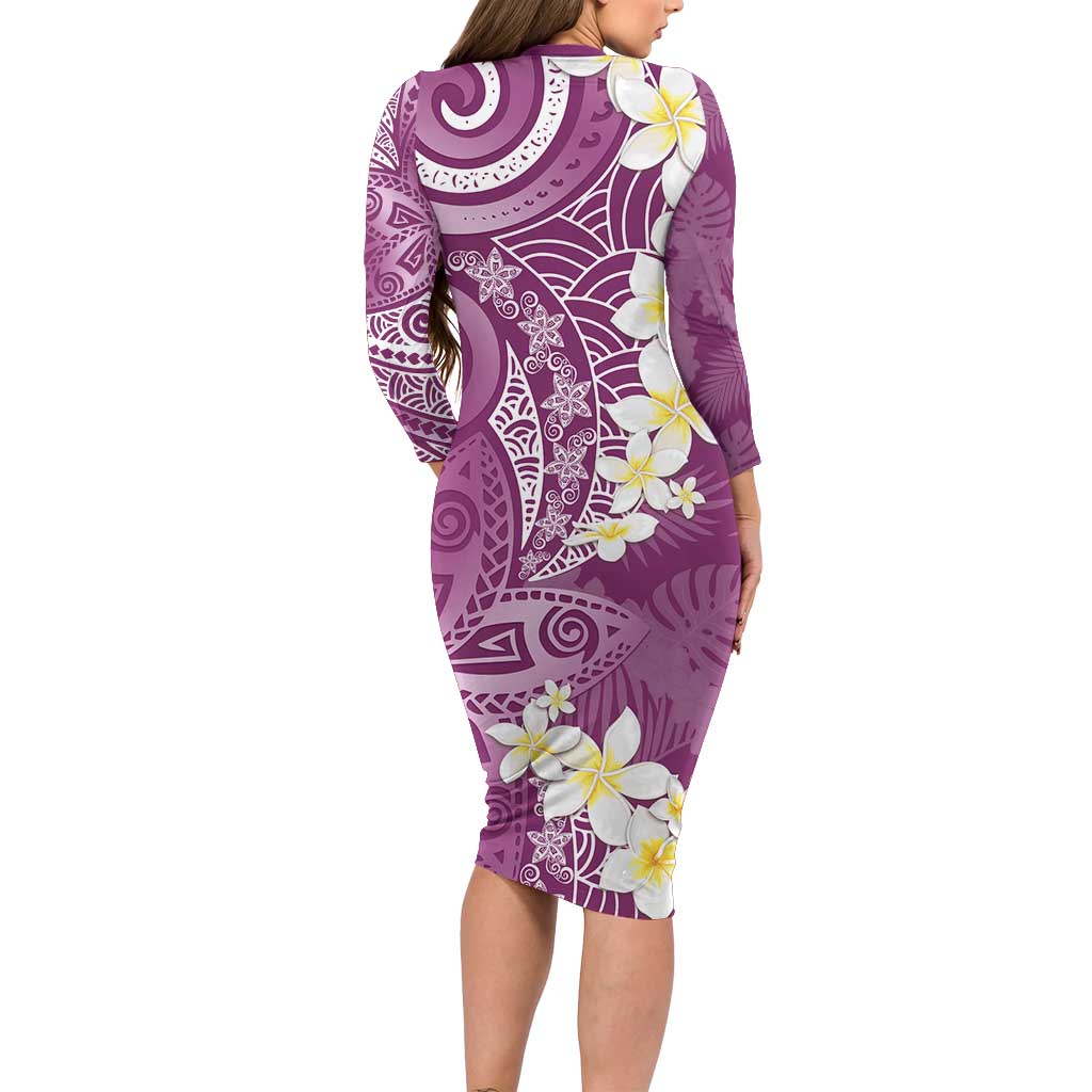Pink Polynesian Tribal Frangipani Tropical Vibe Long Sleeve Bodycon Dress
