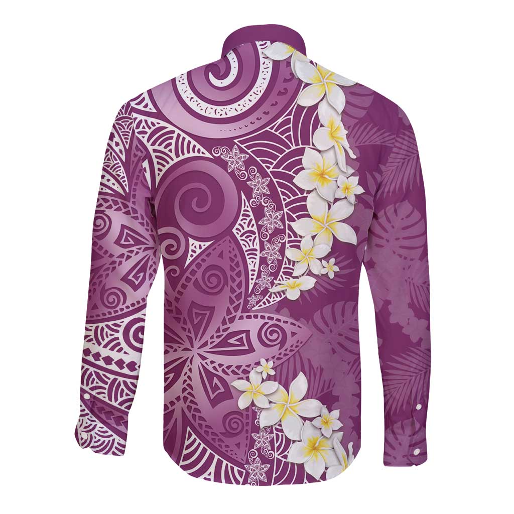 Pink Polynesian Tribal Frangipani Tropical Vibe Long Sleeve Button Shirt