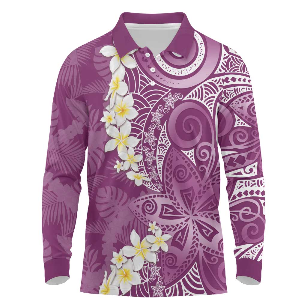 Pink Polynesian Tribal Frangipani Tropical Vibe Long Sleeve Polo Shirt