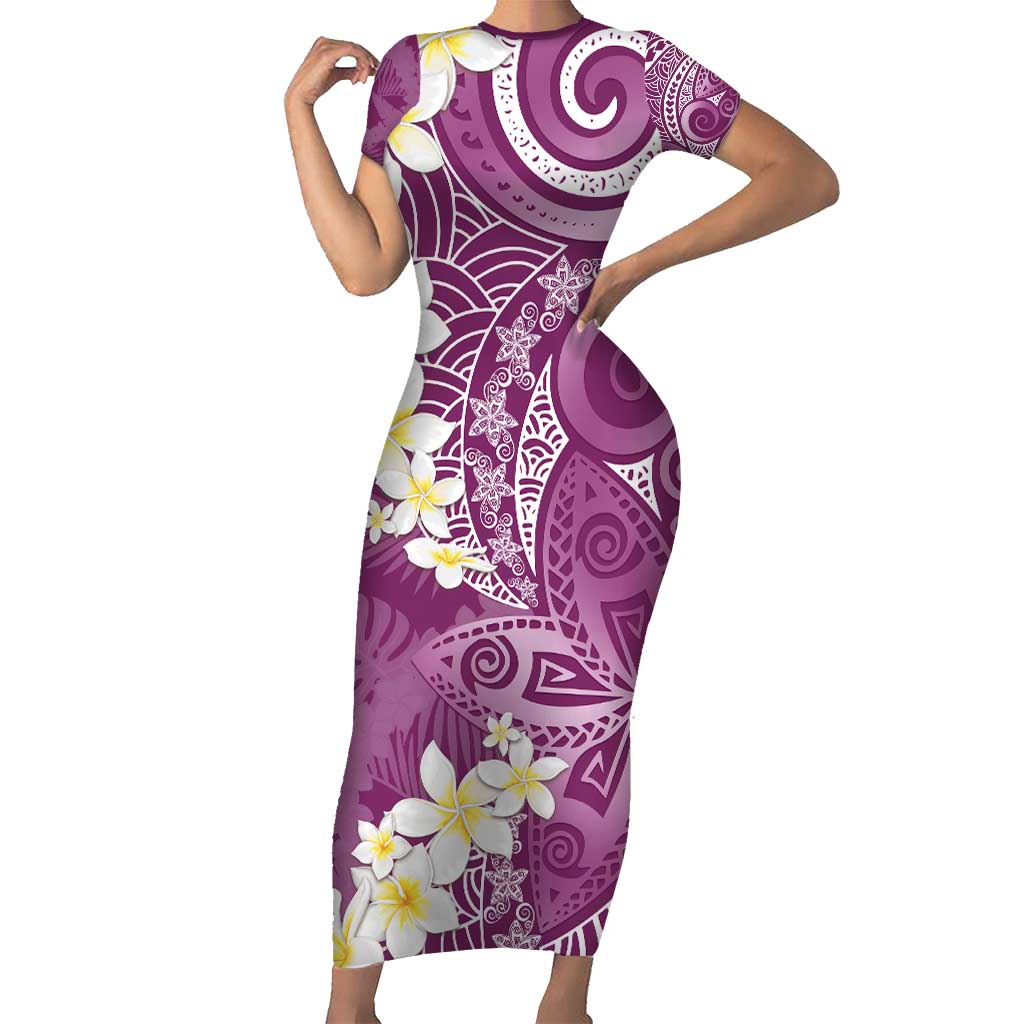 Pink Polynesian Tribal Frangipani Tropical Vibe Short Sleeve Bodycon Dress