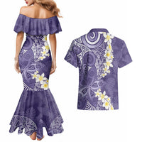Violet Polynesian Tribal Frangipani Tropical Vibe Couples Matching Mermaid Dress and Hawaiian Shirt