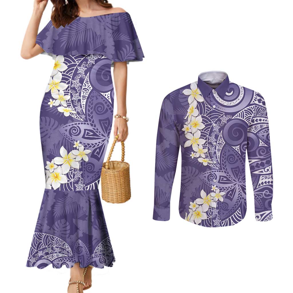 Violet Polynesian Tribal Frangipani Tropical Vibe Couples Matching Mermaid Dress and Long Sleeve Button Shirt
