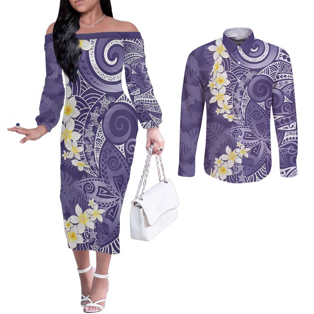 Violet Polynesian Tribal Frangipani Tropical Vibe Couples Matching Off The Shoulder Long Sleeve Dress and Long Sleeve Button Shirt LT14 Violet - Polynesian Pride