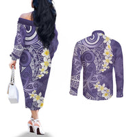 Violet Polynesian Tribal Frangipani Tropical Vibe Couples Matching Off The Shoulder Long Sleeve Dress and Long Sleeve Button Shirt LT14 - Polynesian Pride