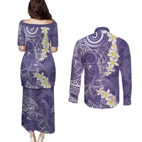 Violet Polynesian Tribal Frangipani Tropical Vibe Couples Matching Puletasi and Long Sleeve Button Shirt