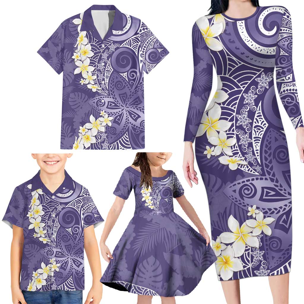 Violet Polynesian Tribal Frangipani Tropical Vibe Family Matching Long Sleeve Bodycon Dress and Hawaiian Shirt LT14 - Polynesian Pride