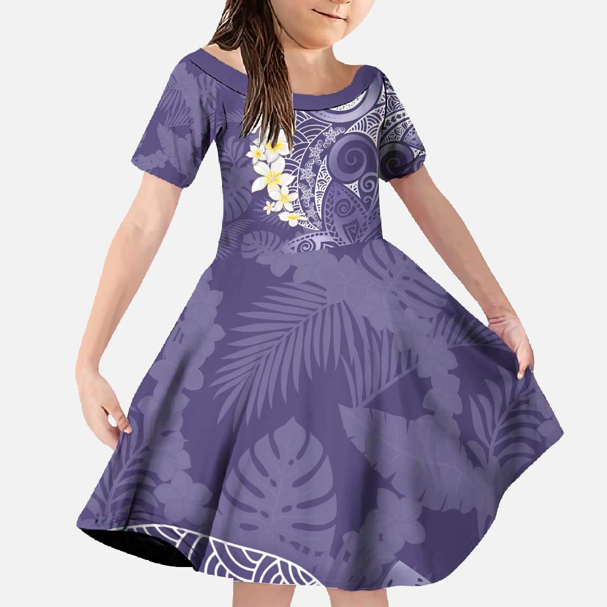 Violet Polynesian Tribal Frangipani Tropical Vibe Family Matching Off The Shoulder Long Sleeve Dress and Hawaiian Shirt LT14 Daughter's Dress Violet - Polynesian Pride