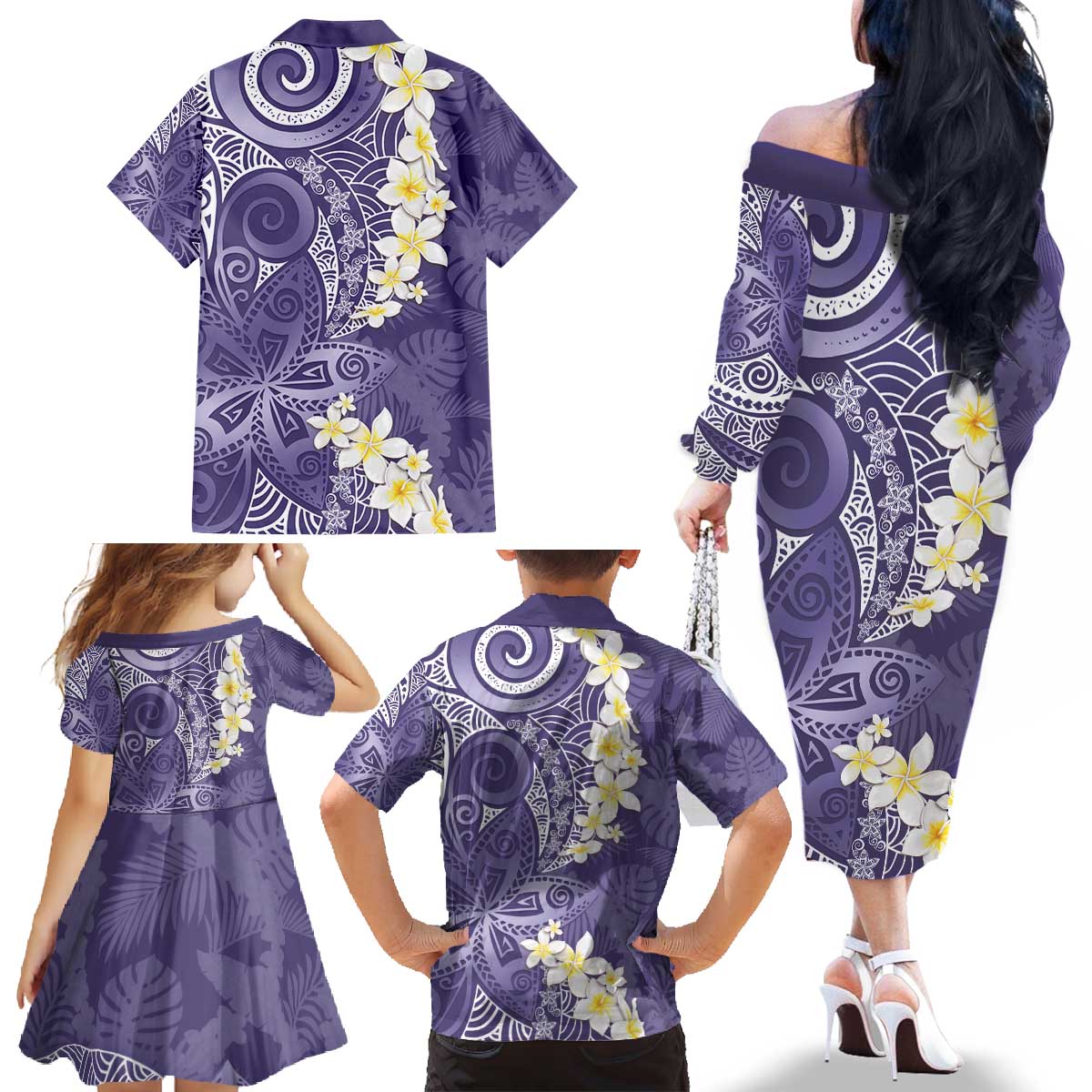 Violet Polynesian Tribal Frangipani Tropical Vibe Family Matching Off The Shoulder Long Sleeve Dress and Hawaiian Shirt LT14 - Polynesian Pride