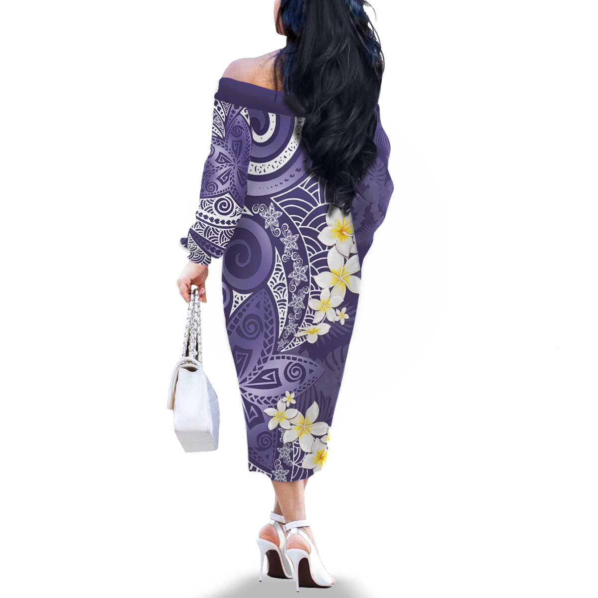 Violet Polynesian Tribal Frangipani Tropical Vibe Family Matching Off The Shoulder Long Sleeve Dress and Hawaiian Shirt LT14 - Polynesian Pride