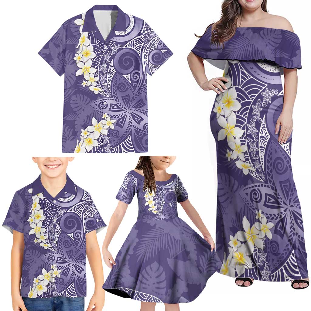 Violet Polynesian Tribal Frangipani Tropical Vibe Family Matching Off Shoulder Maxi Dress and Hawaiian Shirt LT14 - Polynesian Pride