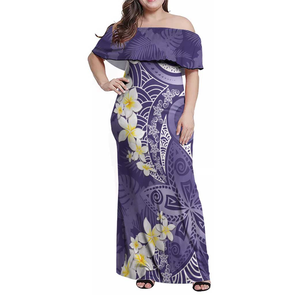 Violet Polynesian Tribal Frangipani Tropical Vibe Family Matching Off Shoulder Maxi Dress and Hawaiian Shirt LT14 Mom's Dress Violet - Polynesian Pride
