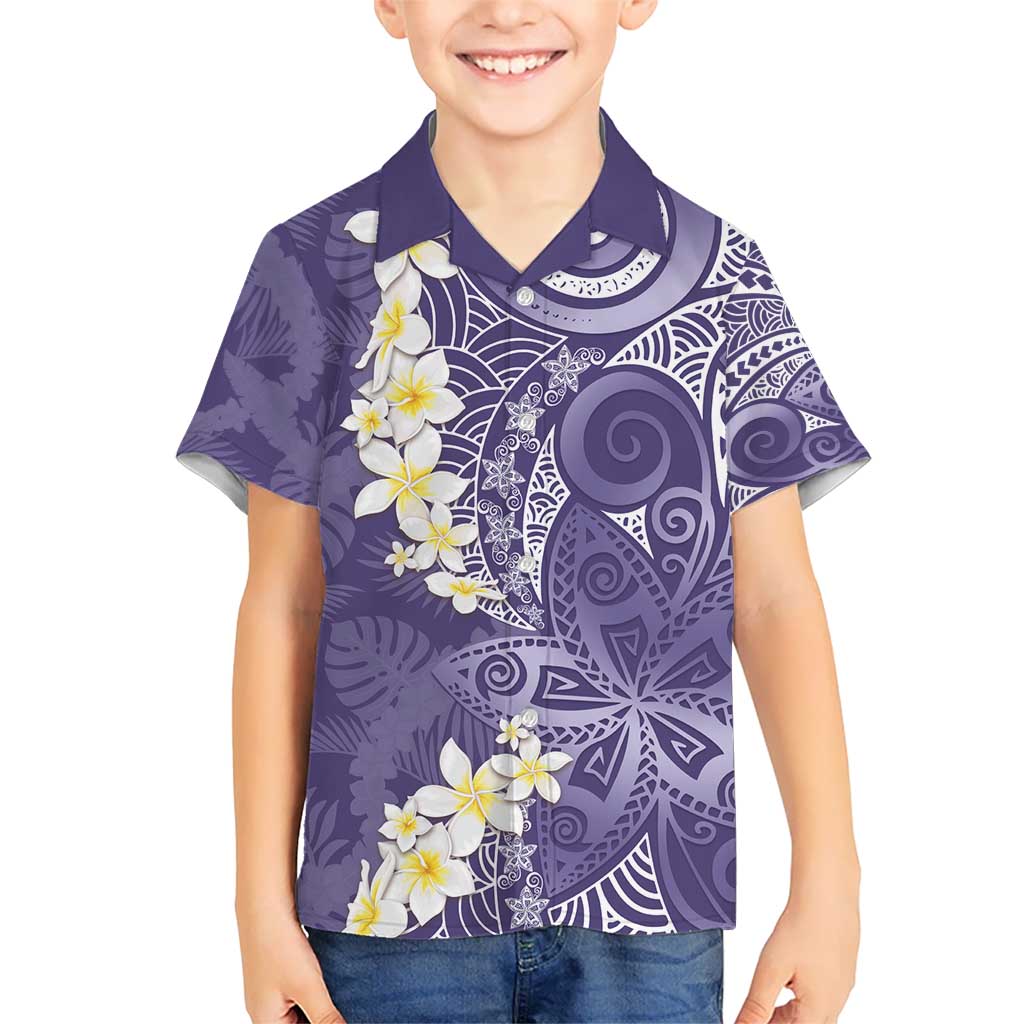 Violet Polynesian Tribal Frangipani Tropical Vibe Kid Hawaiian Shirt