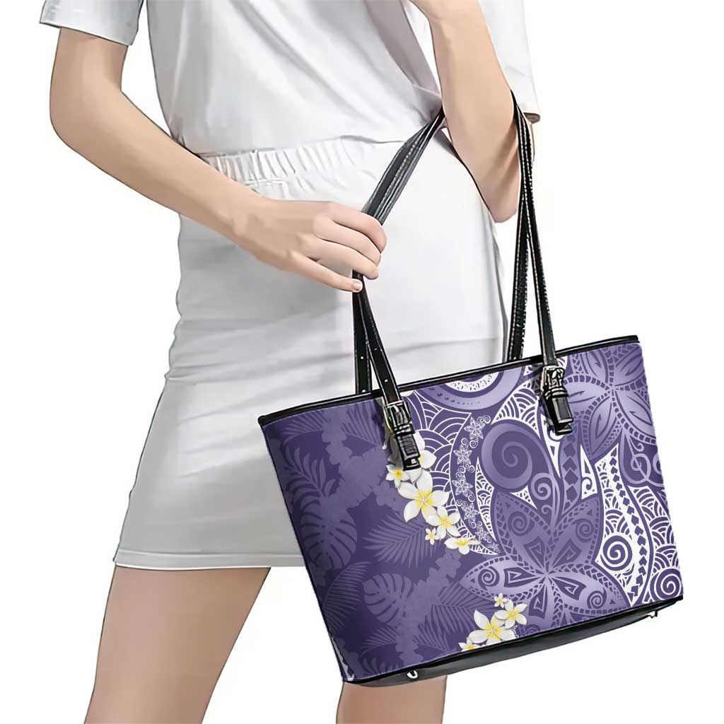 Violet Polynesian Tribal Frangipani Tropical Vibe Leather Tote Bag