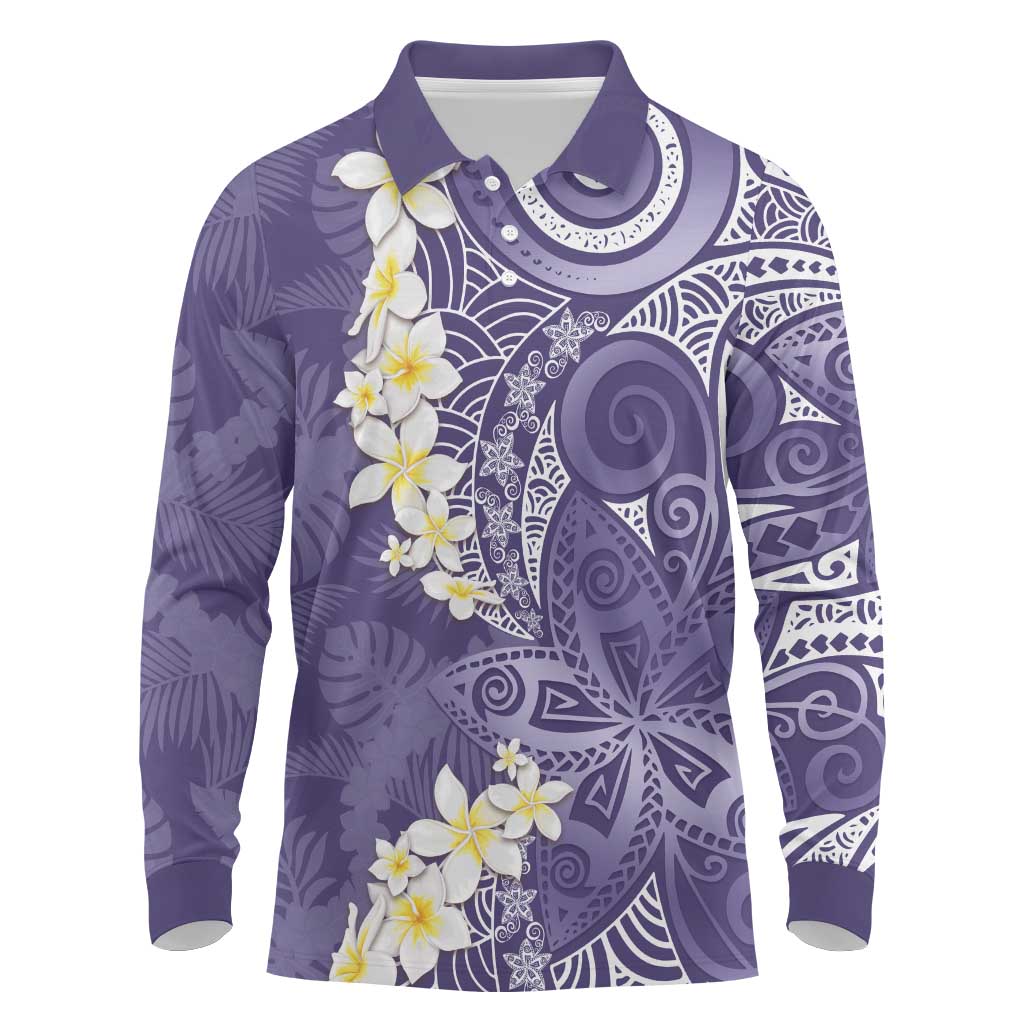 Violet Polynesian Tribal Frangipani Tropical Vibe Long Sleeve Polo Shirt