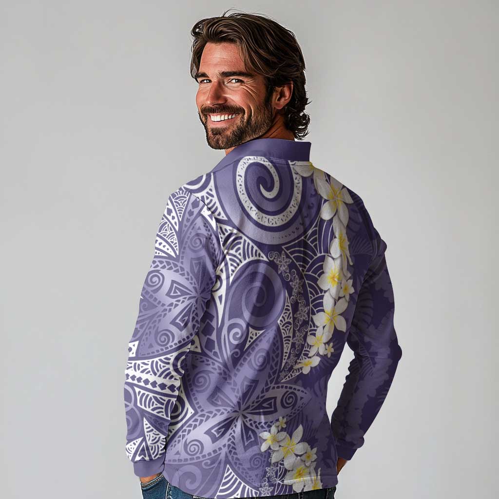Violet Polynesian Tribal Frangipani Tropical Vibe Long Sleeve Polo Shirt