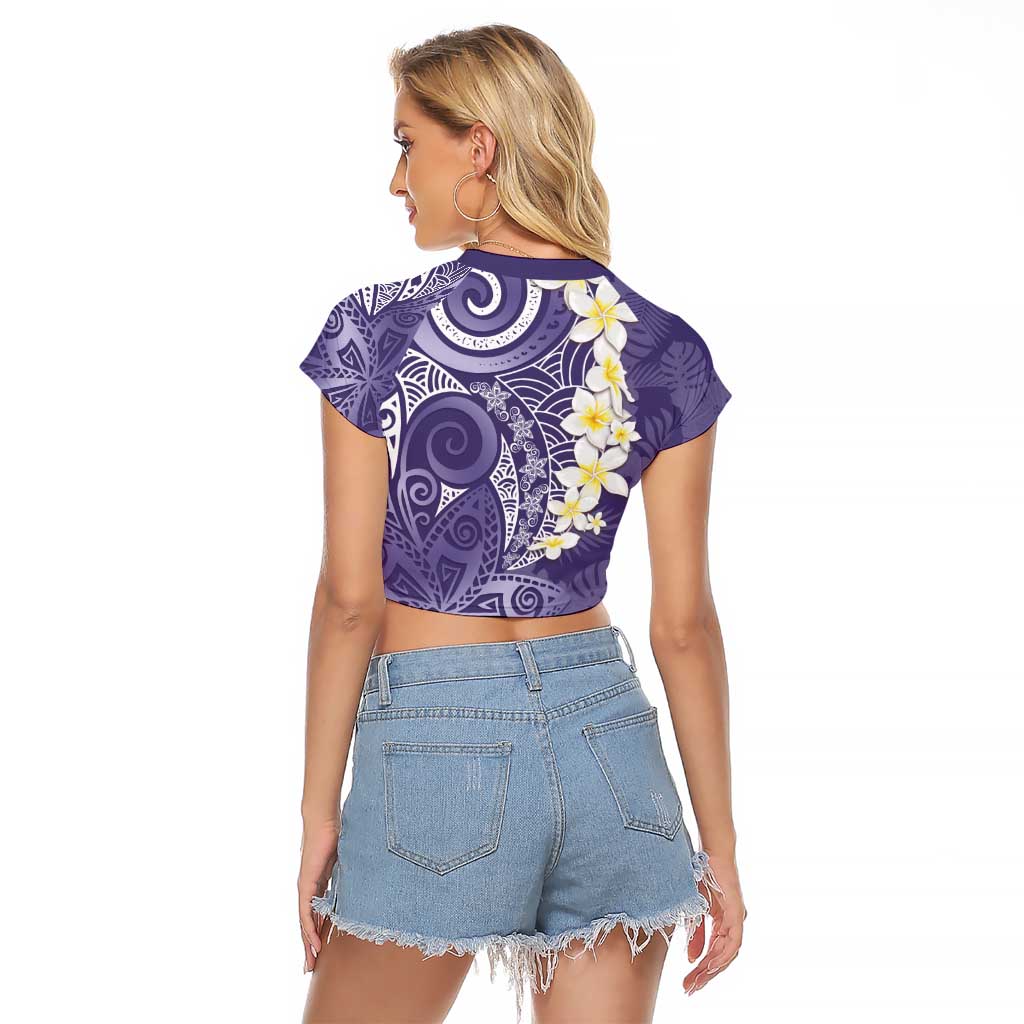 Violet Polynesian Tribal Frangipani Tropical Vibe Raglan Cropped T Shirt