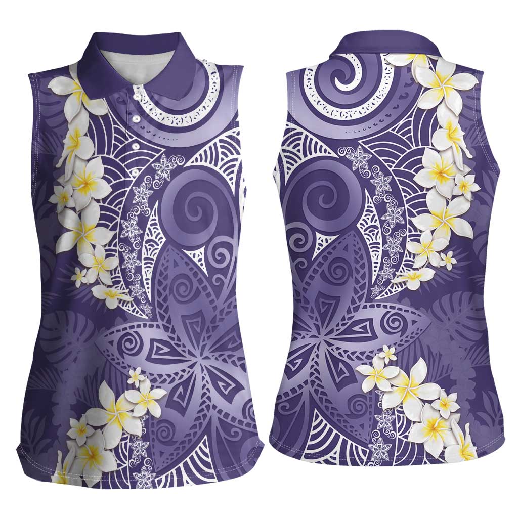 Violet Polynesian Tribal Frangipani Tropical Vibe Women Sleeveless Polo Shirt