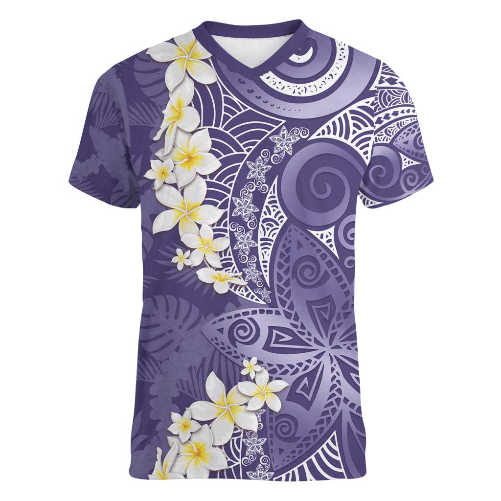 Violet Polynesian Tribal Frangipani Tropical Vibe Women V-Neck T-Shirt