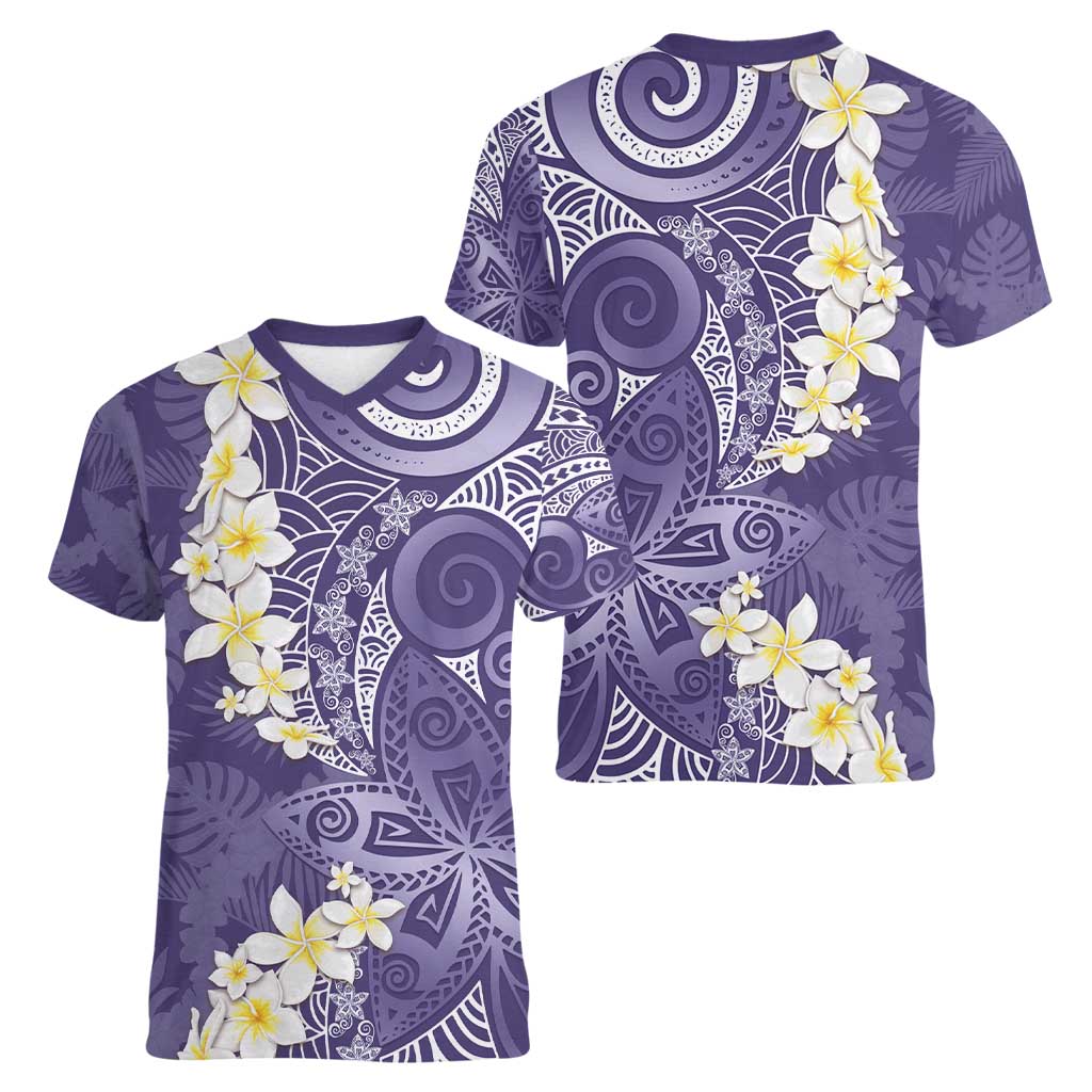 Violet Polynesian Tribal Frangipani Tropical Vibe Women V-Neck T-Shirt