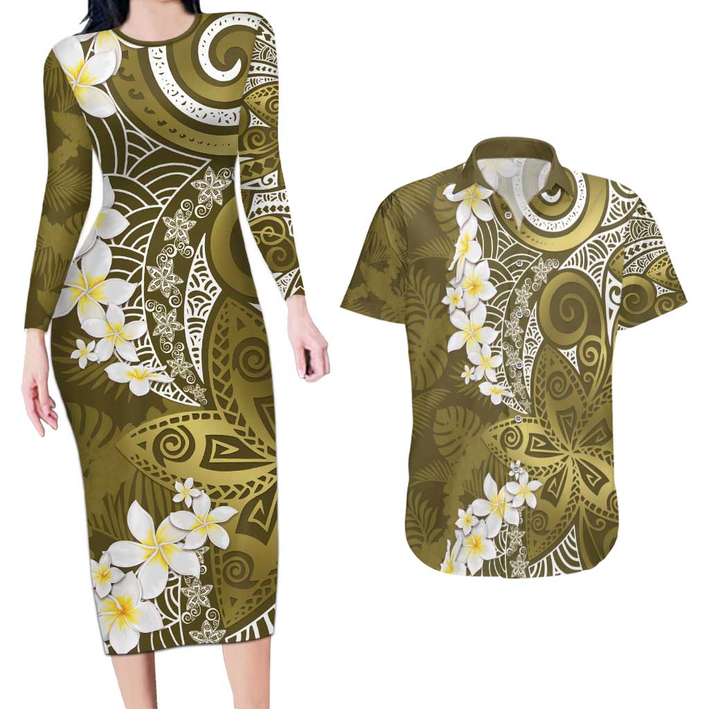 Gold Polynesian Tribal Frangipani Tropical Vibe Couples Matching Long Sleeve Bodycon Dress and Hawaiian Shirt LT14 Gold - Polynesian Pride