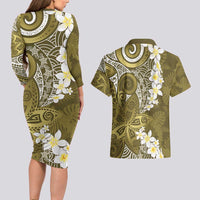Gold Polynesian Tribal Frangipani Tropical Vibe Couples Matching Long Sleeve Bodycon Dress and Hawaiian Shirt LT14 - Polynesian Pride