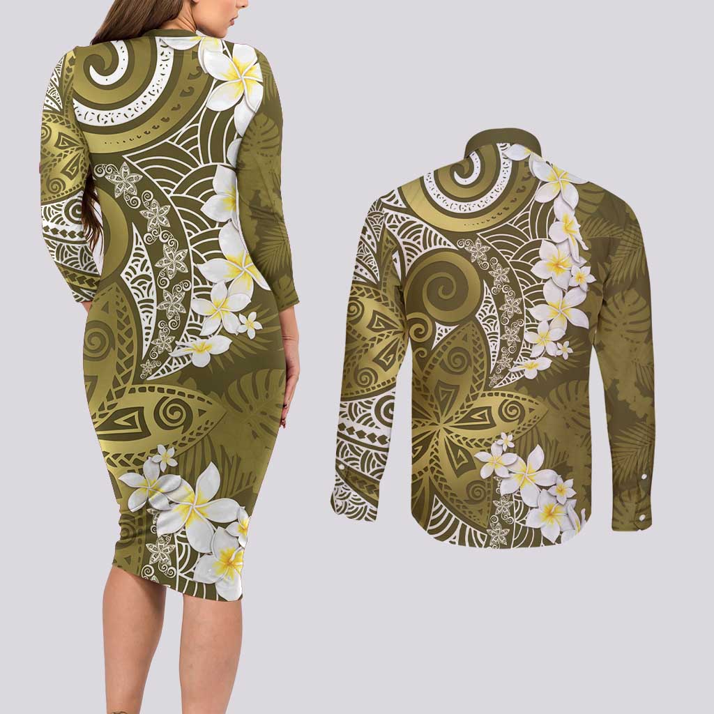 Gold Polynesian Tribal Frangipani Tropical Vibe Couples Matching Long Sleeve Bodycon Dress and Long Sleeve Button Shirt