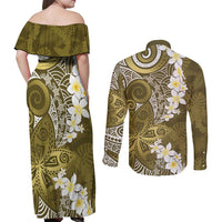 Gold Polynesian Tribal Frangipani Tropical Vibe Couples Matching Off Shoulder Maxi Dress and Long Sleeve Button Shirt