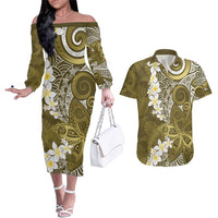 Gold Polynesian Tribal Frangipani Tropical Vibe Couples Matching Off The Shoulder Long Sleeve Dress and Hawaiian Shirt LT14 Gold - Polynesian Pride