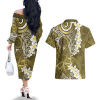 Gold Polynesian Tribal Frangipani Tropical Vibe Couples Matching Off The Shoulder Long Sleeve Dress and Hawaiian Shirt LT14 - Polynesian Pride