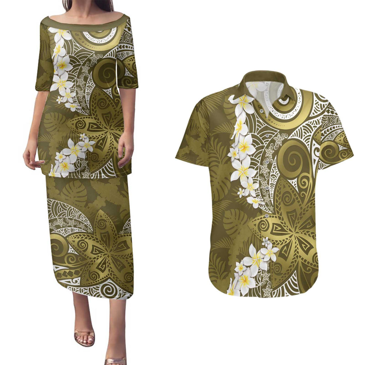 Gold Polynesian Tribal Frangipani Tropical Vibe Couples Matching Puletasi and Hawaiian Shirt
