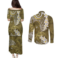 Gold Polynesian Tribal Frangipani Tropical Vibe Couples Matching Puletasi and Long Sleeve Button Shirt