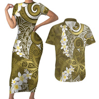 Gold Polynesian Tribal Frangipani Tropical Vibe Couples Matching Short Sleeve Bodycon Dress and Hawaiian Shirt LT14 Gold - Polynesian Pride