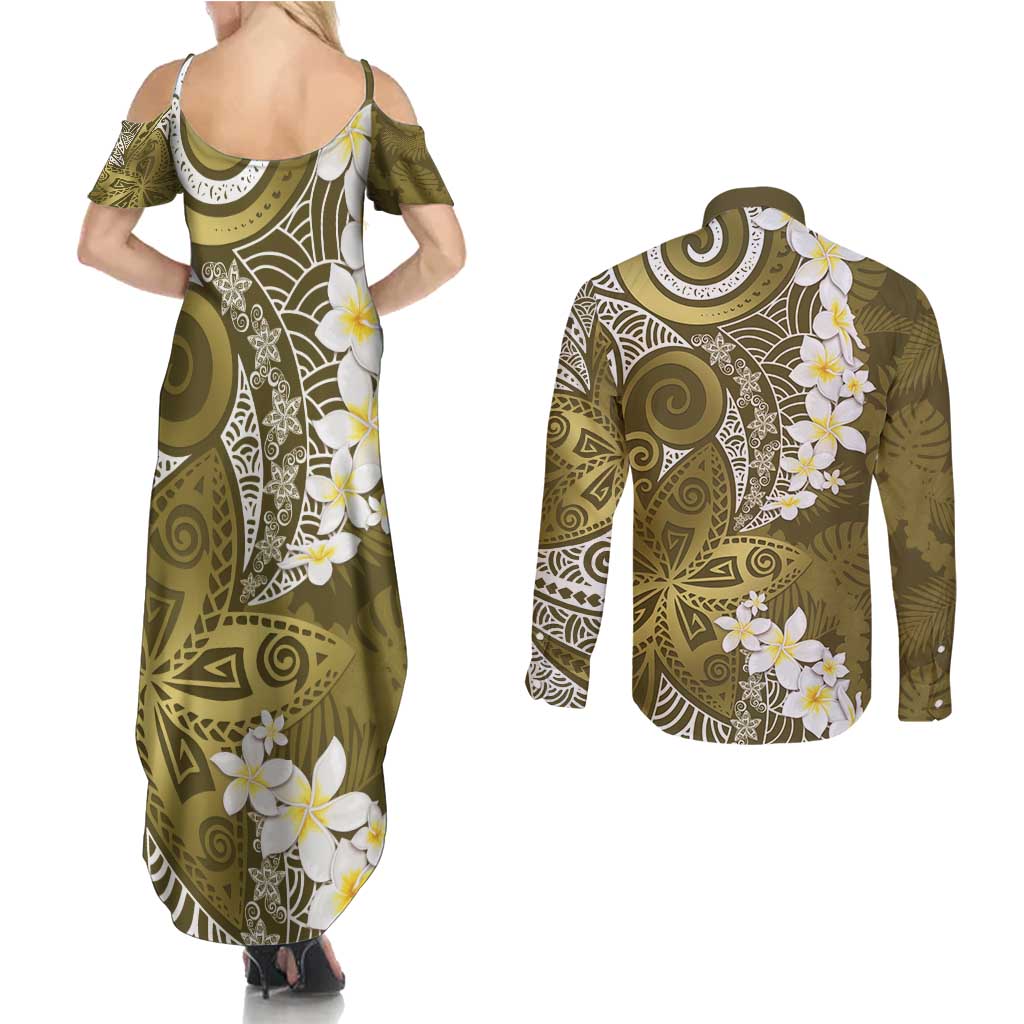 Gold Polynesian Tribal Frangipani Tropical Vibe Couples Matching Summer Maxi Dress and Long Sleeve Button Shirt