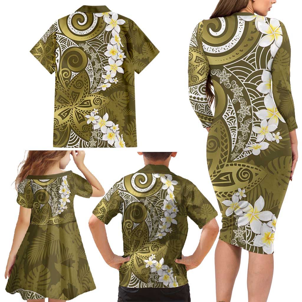 Gold Polynesian Tribal Frangipani Tropical Vibe Family Matching Long Sleeve Bodycon Dress and Hawaiian Shirt LT14 - Polynesian Pride