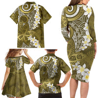 Gold Polynesian Tribal Frangipani Tropical Vibe Family Matching Long Sleeve Bodycon Dress and Hawaiian Shirt LT14 - Polynesian Pride