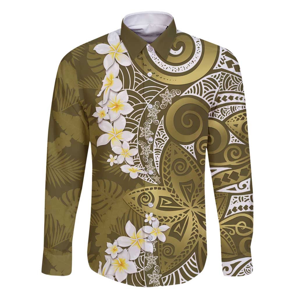 Gold Polynesian Tribal Frangipani Tropical Vibe Family Matching Long Sleeve Bodycon Dress and Hawaiian Shirt LT14 Dad's Shirt - Long Sleeve Gold - Polynesian Pride