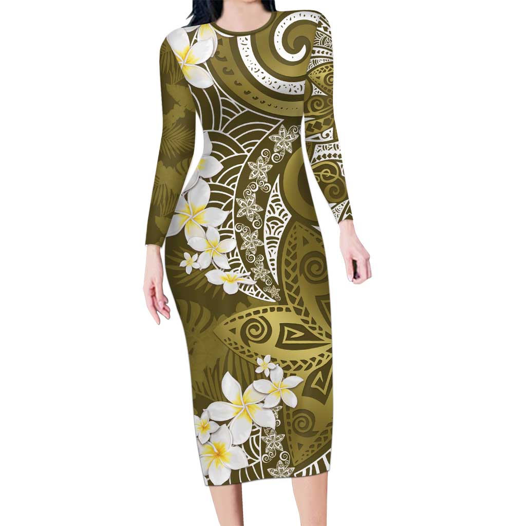 Gold Polynesian Tribal Frangipani Tropical Vibe Family Matching Long Sleeve Bodycon Dress and Hawaiian Shirt LT14 Mom's Dress Gold - Polynesian Pride
