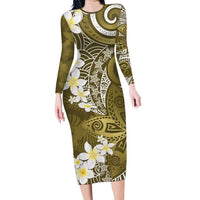 Gold Polynesian Tribal Frangipani Tropical Vibe Family Matching Long Sleeve Bodycon Dress and Hawaiian Shirt LT14 Mom's Dress Gold - Polynesian Pride