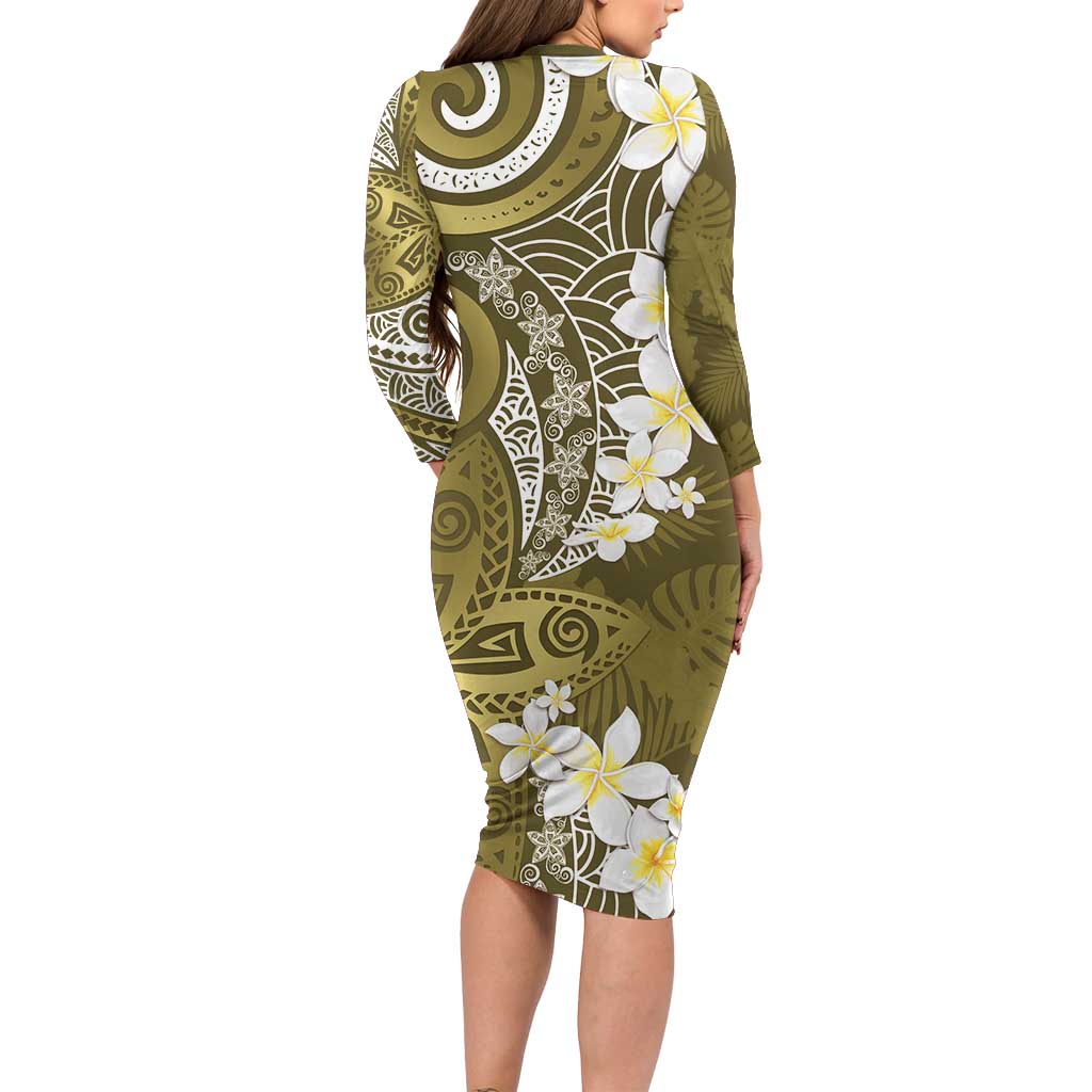 Gold Polynesian Tribal Frangipani Tropical Vibe Family Matching Long Sleeve Bodycon Dress and Hawaiian Shirt LT14 - Polynesian Pride