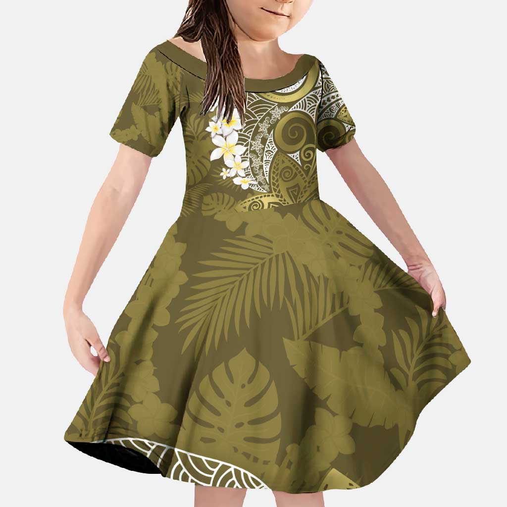 Gold Polynesian Tribal Frangipani Tropical Vibe Family Matching Mermaid Dress and Hawaiian Shirt LT14 Daughter's Dress Gold - Polynesian Pride